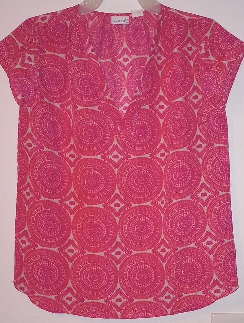 All For Color Women's Pink &White V-Neck Blouse Size S